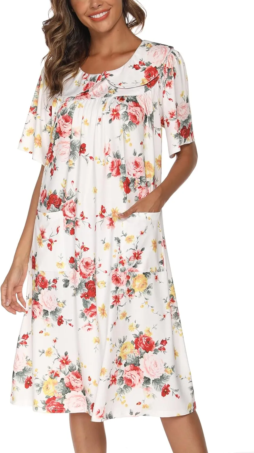 AVIIER House Dress Women Short Sleeve Mumu Lounge Dresses Patio Nightgowns with Pockets