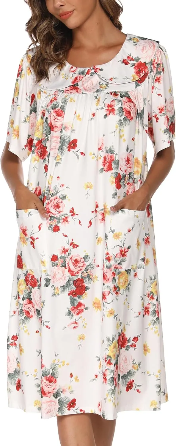 AVIIER House Dress Women Short Sleeve Mumu Lounge Dresses Patio Nightgowns with Pockets