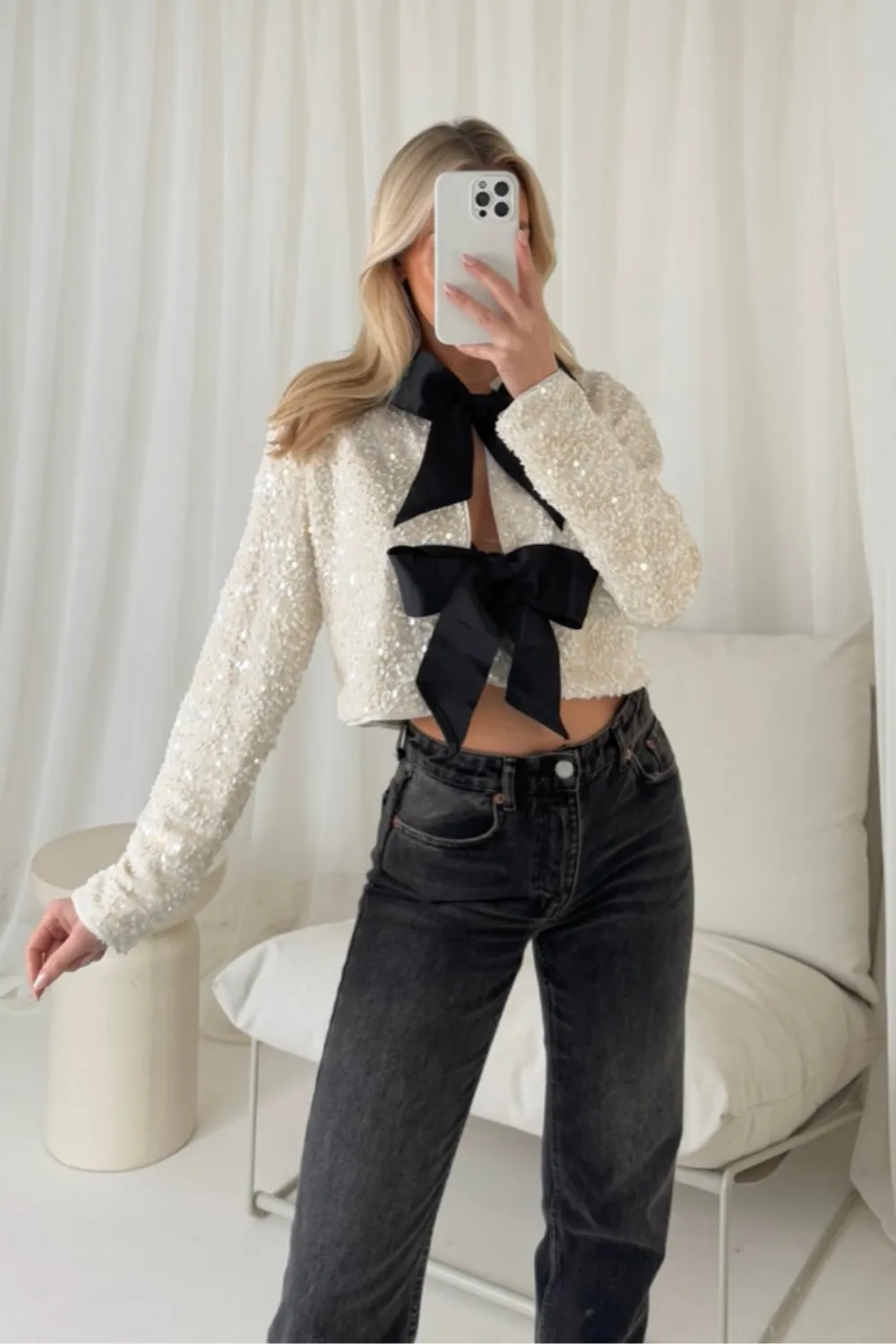 Bonnie cream sequin tie front top
