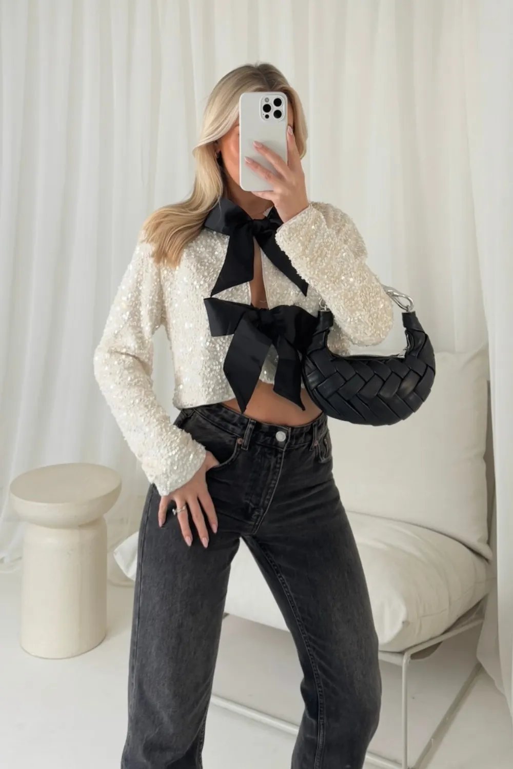 Bonnie cream sequin tie front top