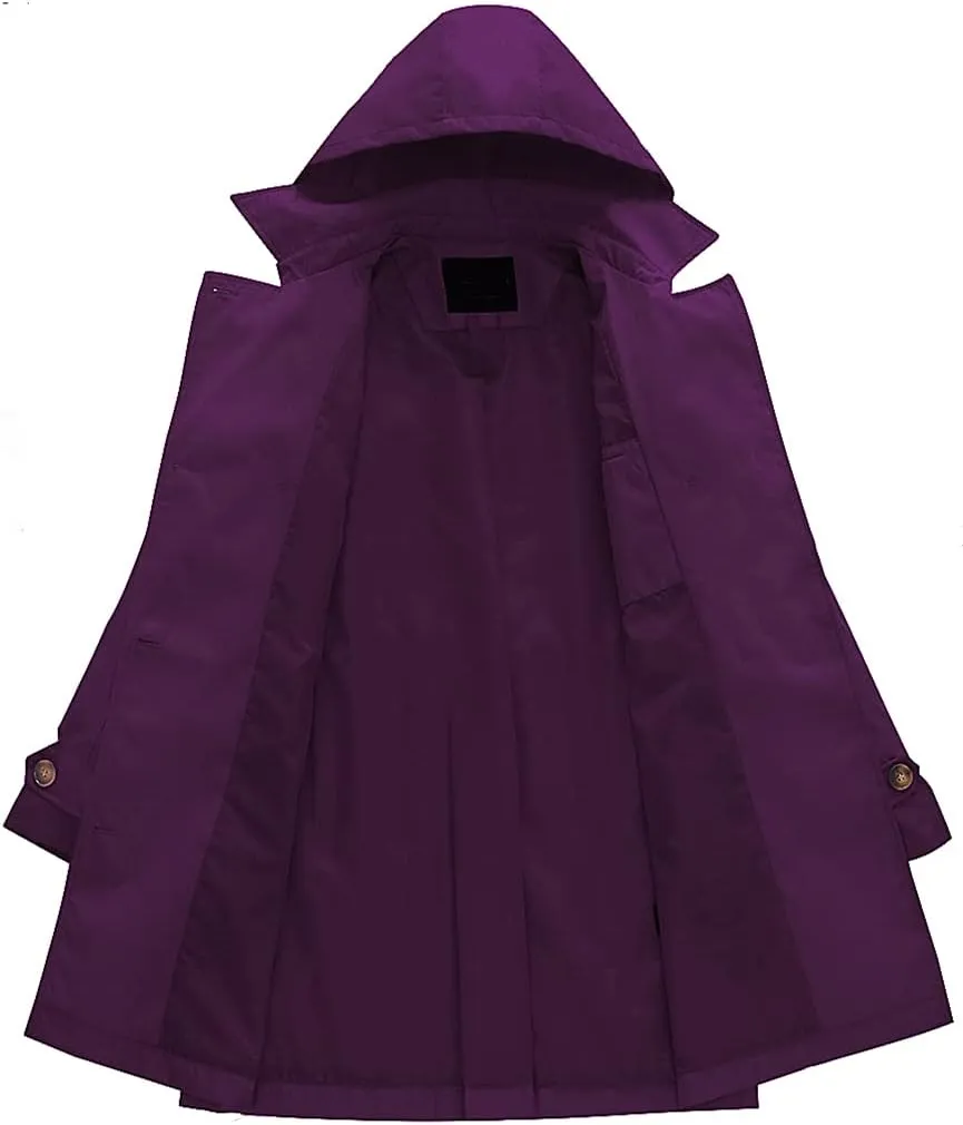 Chrisuno Women's Double Breasted Trench Coats Mid-Length Belted Overcoat Long Dress Jacket with Detachable Hood
