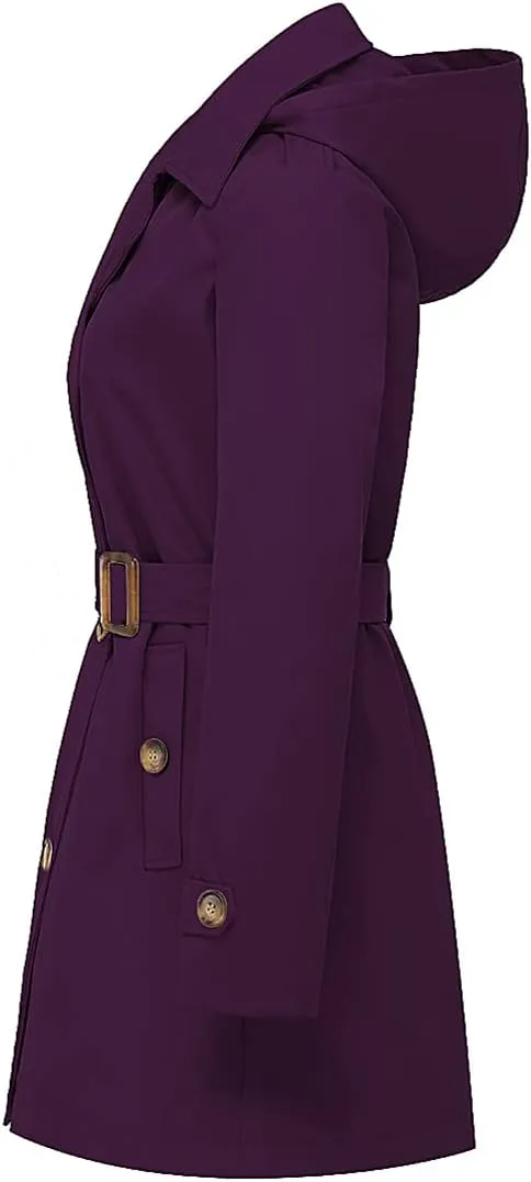 Chrisuno Women's Double Breasted Trench Coats Mid-Length Belted Overcoat Long Dress Jacket with Detachable Hood