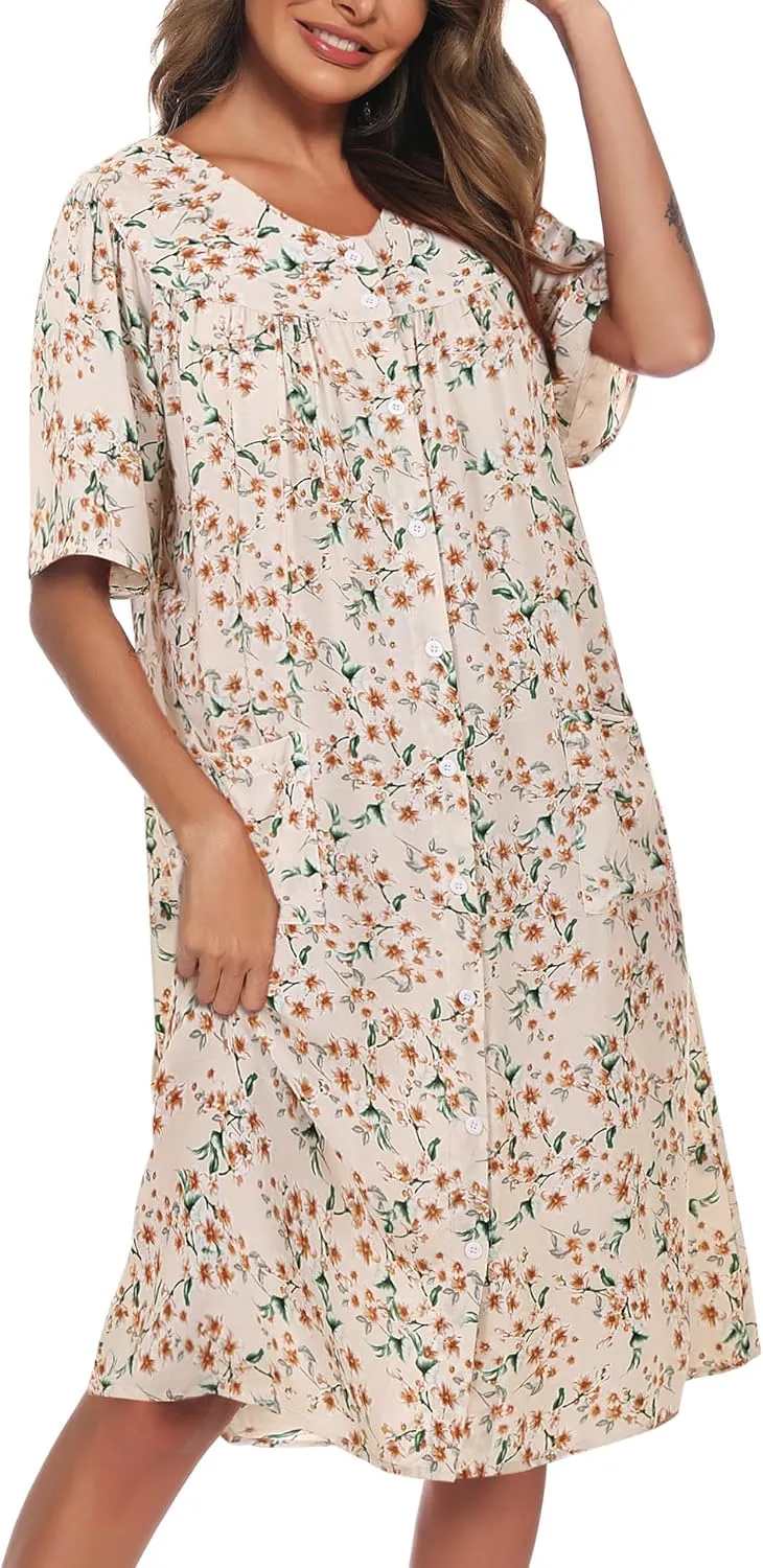 COSUNIONY House Dresses for Women Cotton Short Sleeve House Coat Buttons Down Dusters Robe with Pockets S-XXL
