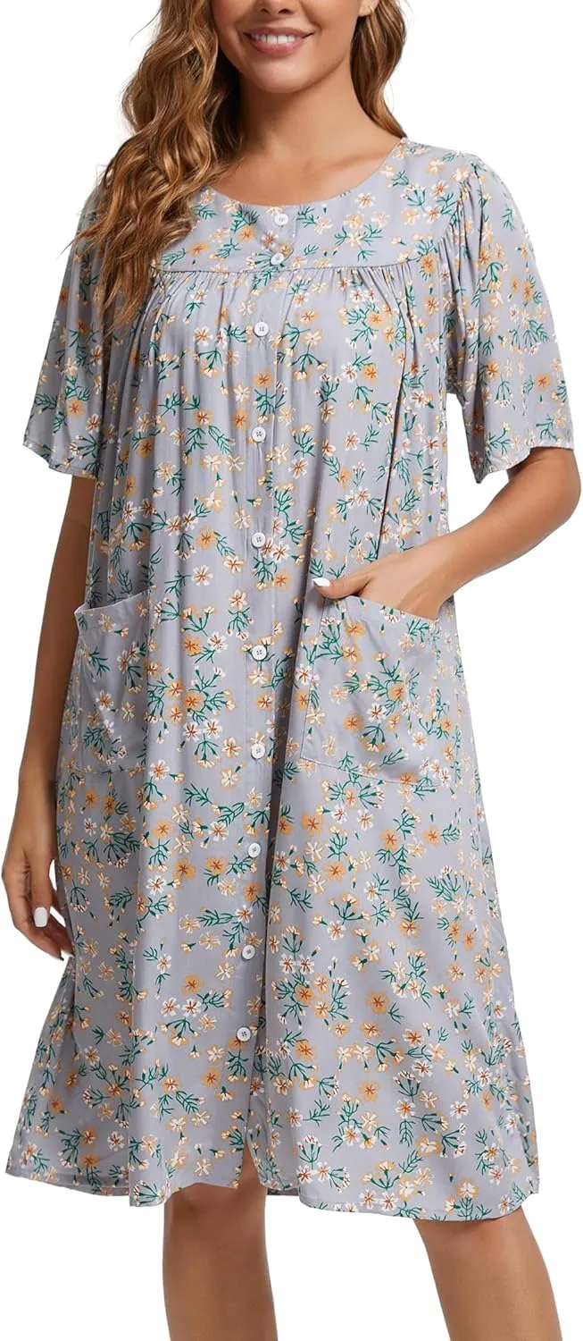 COSUNIONY House Dresses for Women Cotton Short Sleeve House Coat Buttons Down Dusters Robe with Pockets S-XXL