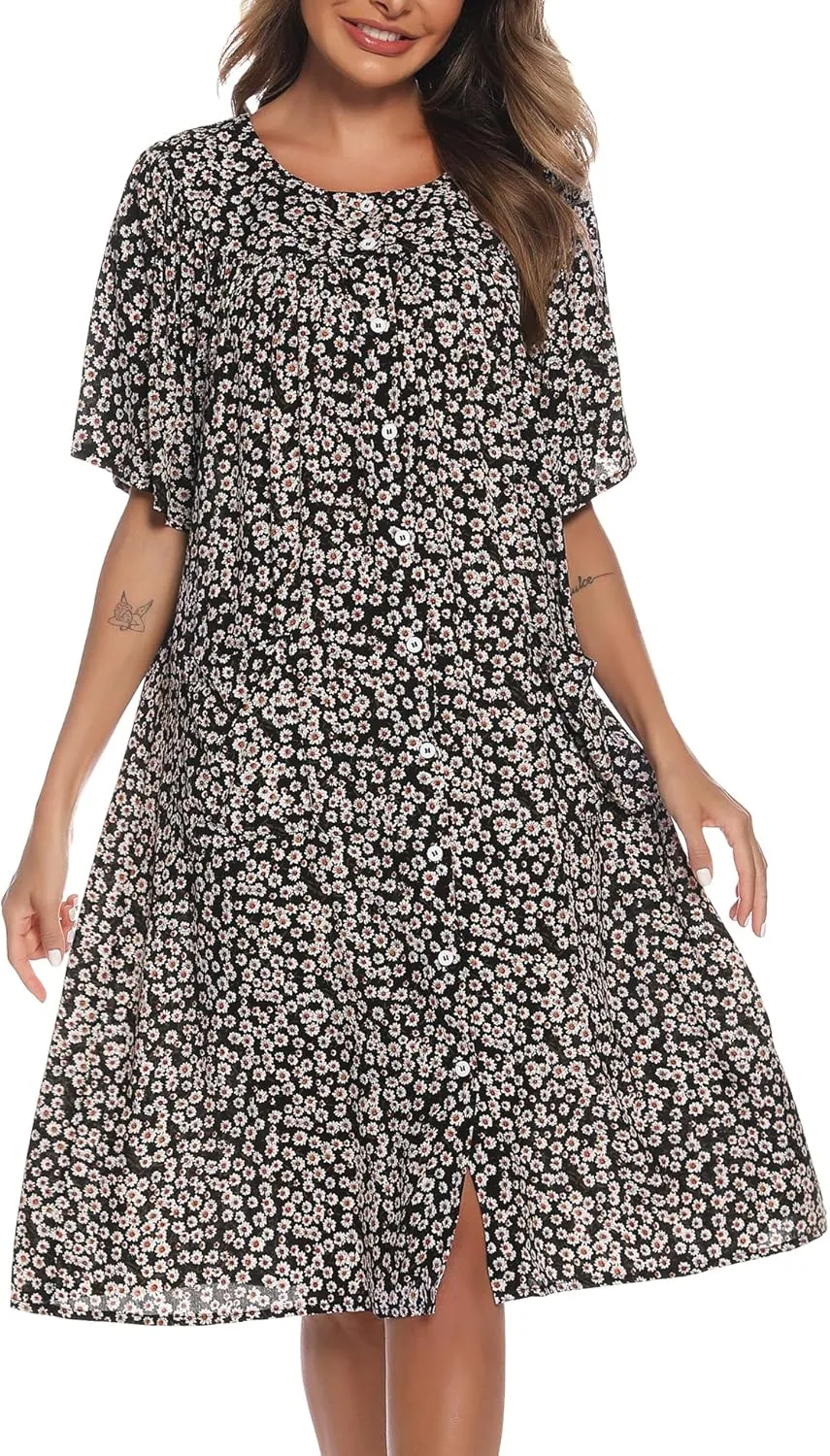 COSUNIONY House Dresses for Women Cotton Short Sleeve House Coat Buttons Down Dusters Robe with Pockets S-XXL
