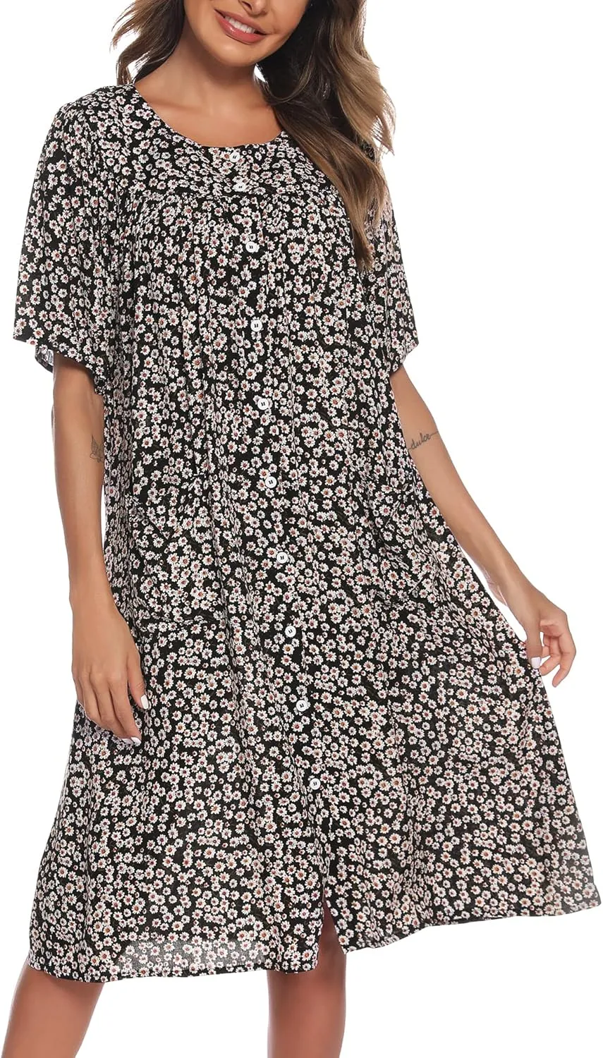 COSUNIONY House Dresses for Women Cotton Short Sleeve House Coat Buttons Down Dusters Robe with Pockets S-XXL