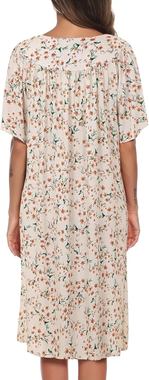 COSUNIONY House Dresses for Women Cotton Short Sleeve House Coat Buttons Down Dusters Robe with Pockets S-XXL