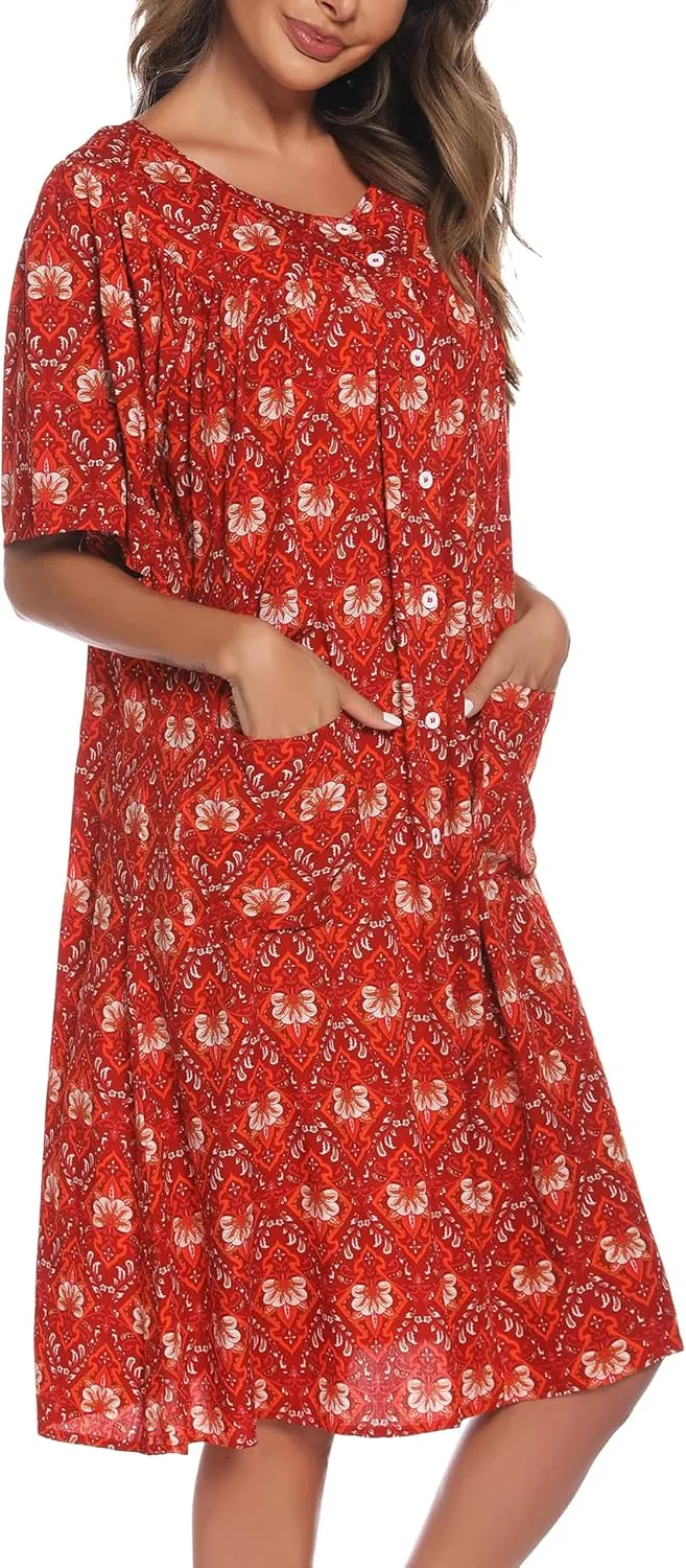 COSUNIONY House Dresses for Women Cotton Short Sleeve House Coat Buttons Down Dusters Robe with Pockets S-XXL