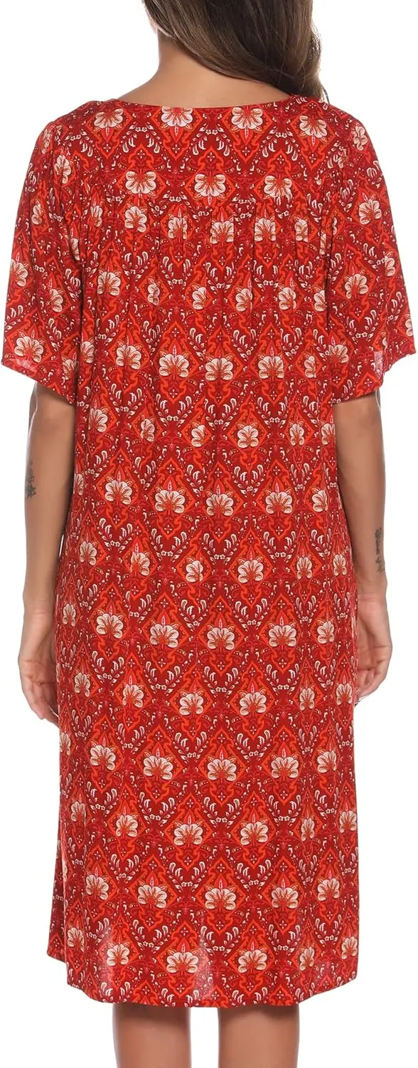 COSUNIONY House Dresses for Women Cotton Short Sleeve House Coat Buttons Down Dusters Robe with Pockets S-XXL