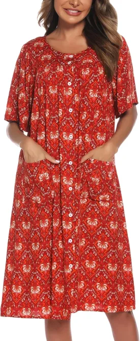 COSUNIONY House Dresses for Women Cotton Short Sleeve House Coat Buttons Down Dusters Robe with Pockets S-XXL