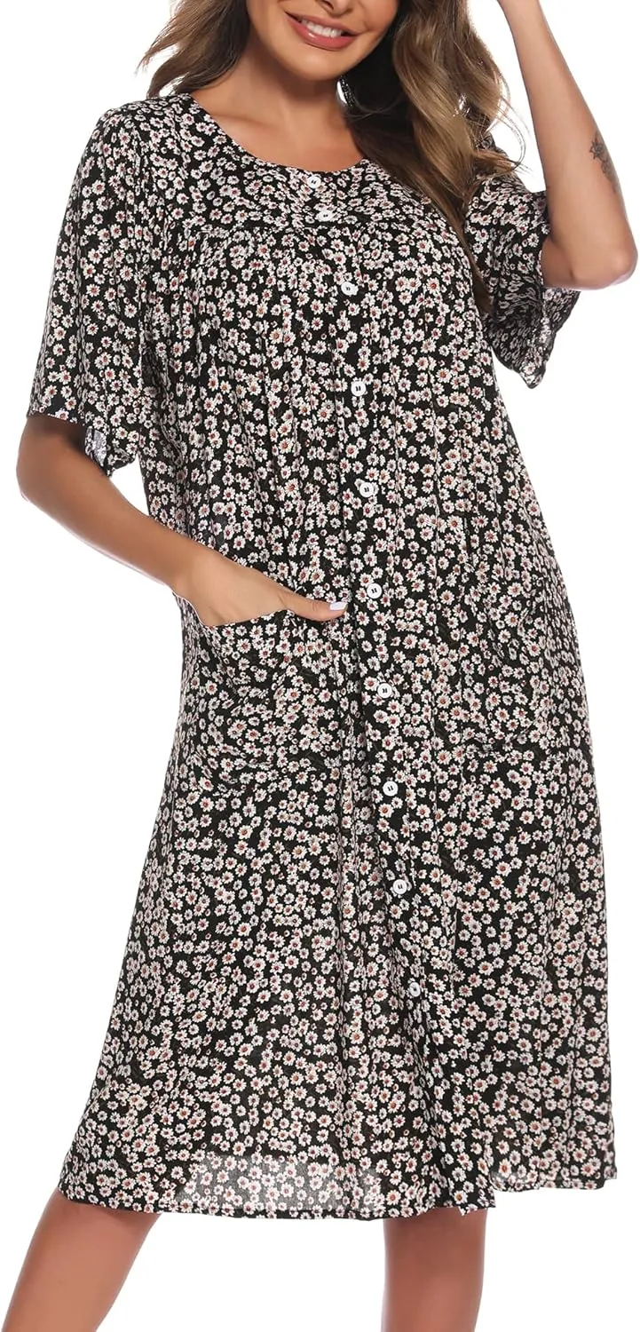 COSUNIONY House Dresses for Women Cotton Short Sleeve House Coat Buttons Down Dusters Robe with Pockets S-XXL
