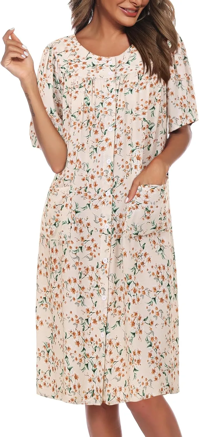 COSUNIONY House Dresses for Women Cotton Short Sleeve House Coat Buttons Down Dusters Robe with Pockets S-XXL
