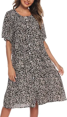 COSUNIONY House Dresses for Women Cotton Short Sleeve House Coat Buttons Down Dusters Robe with Pockets S-XXL
