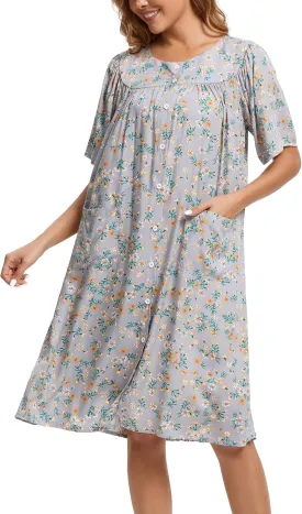 COSUNIONY House Dresses for Women Cotton Short Sleeve House Coat Buttons Down Dusters Robe with Pockets S-XXL