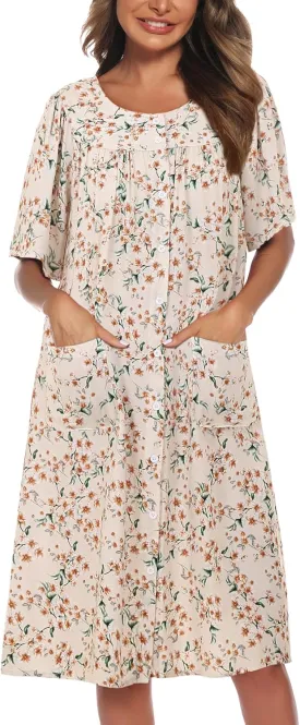 COSUNIONY House Dresses for Women Cotton Short Sleeve House Coat Buttons Down Dusters Robe with Pockets S-XXL
