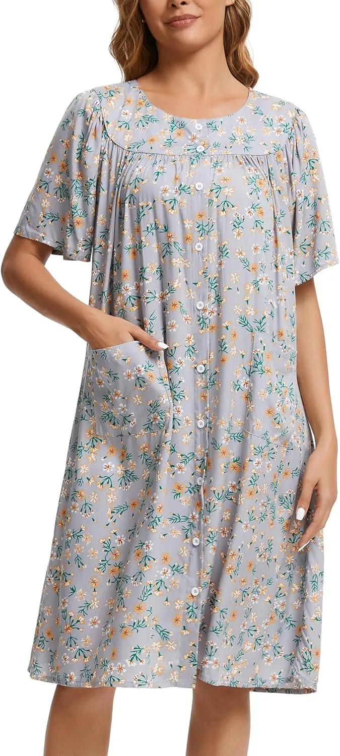 COSUNIONY House Dresses for Women Cotton Short Sleeve House Coat Buttons Down Dusters Robe with Pockets S-XXL