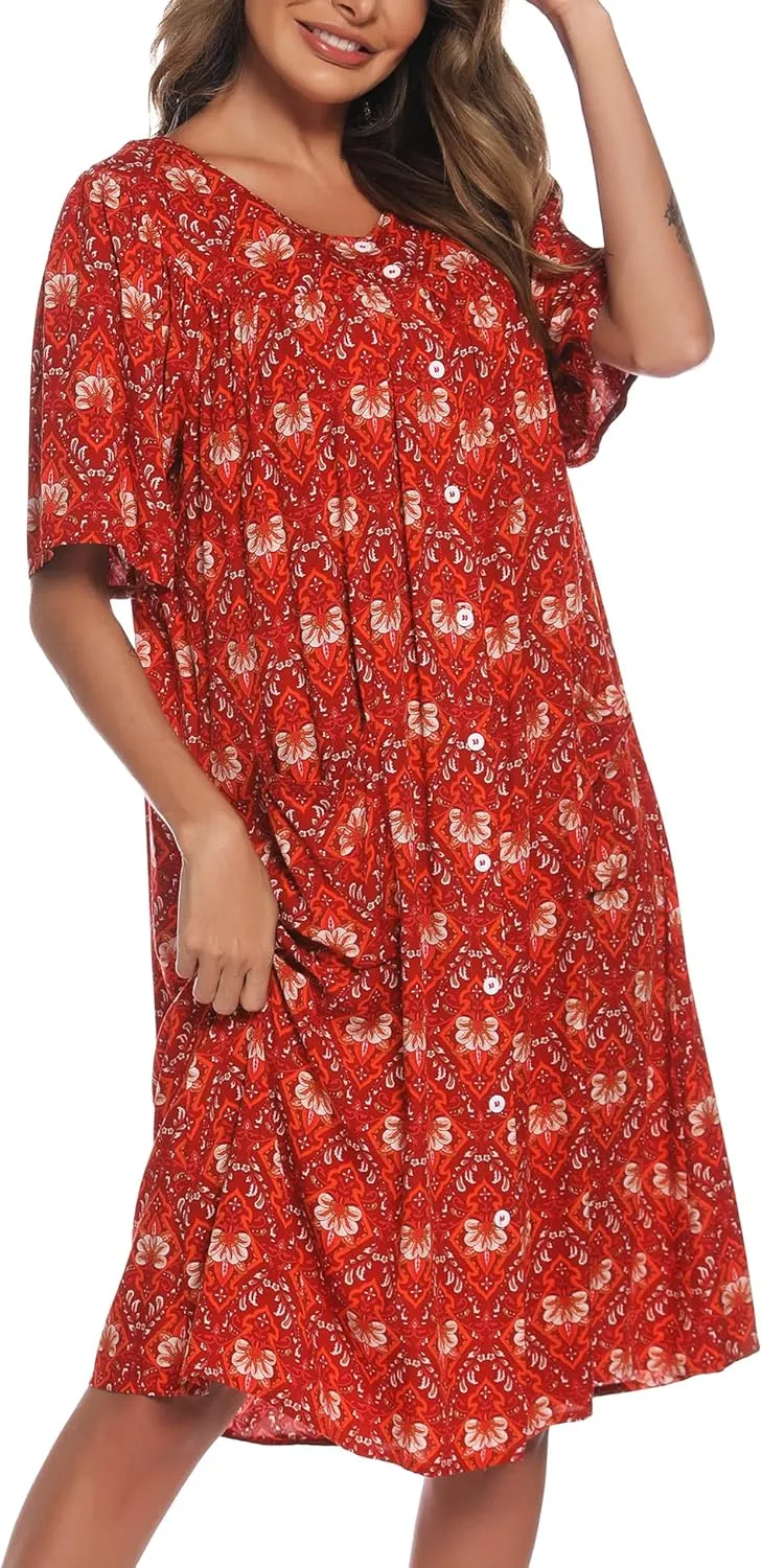 COSUNIONY House Dresses for Women Cotton Short Sleeve House Coat Buttons Down Dusters Robe with Pockets S-XXL