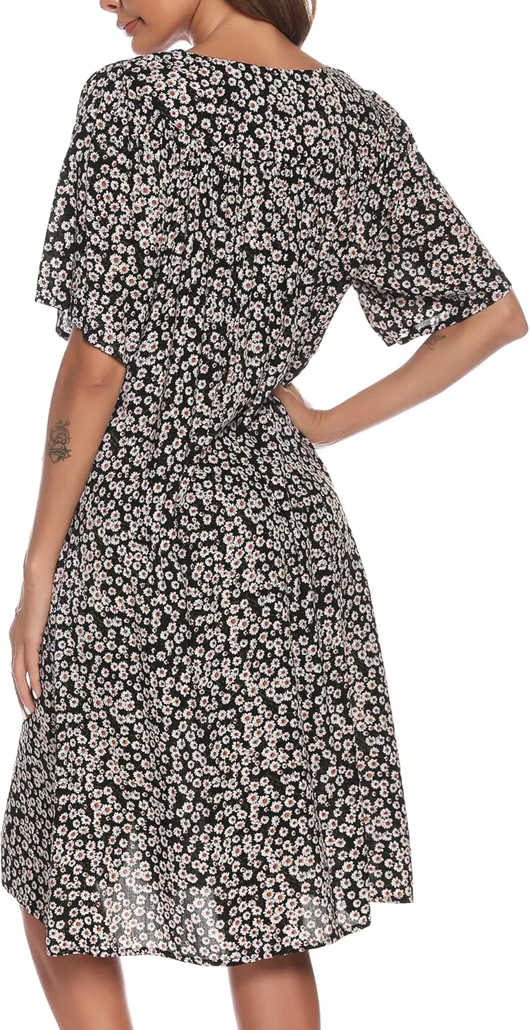 COSUNIONY House Dresses for Women Cotton Short Sleeve House Coat Buttons Down Dusters Robe with Pockets S-XXL