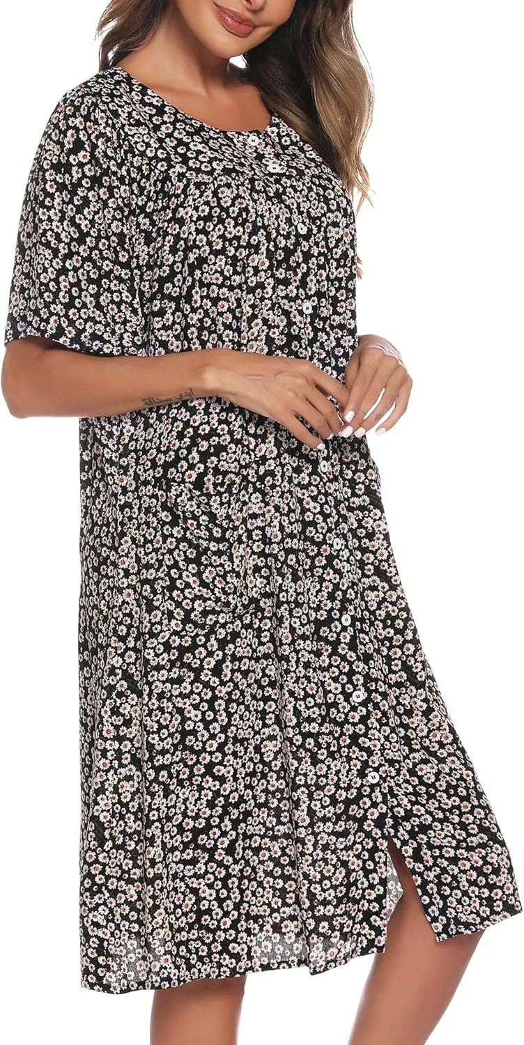 COSUNIONY House Dresses for Women Cotton Short Sleeve House Coat Buttons Down Dusters Robe with Pockets S-XXL