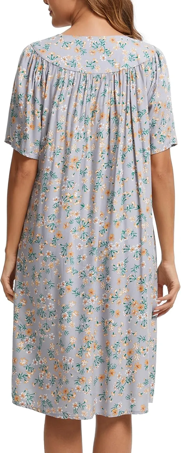 COSUNIONY House Dresses for Women Cotton Short Sleeve House Coat Buttons Down Dusters Robe with Pockets S-XXL