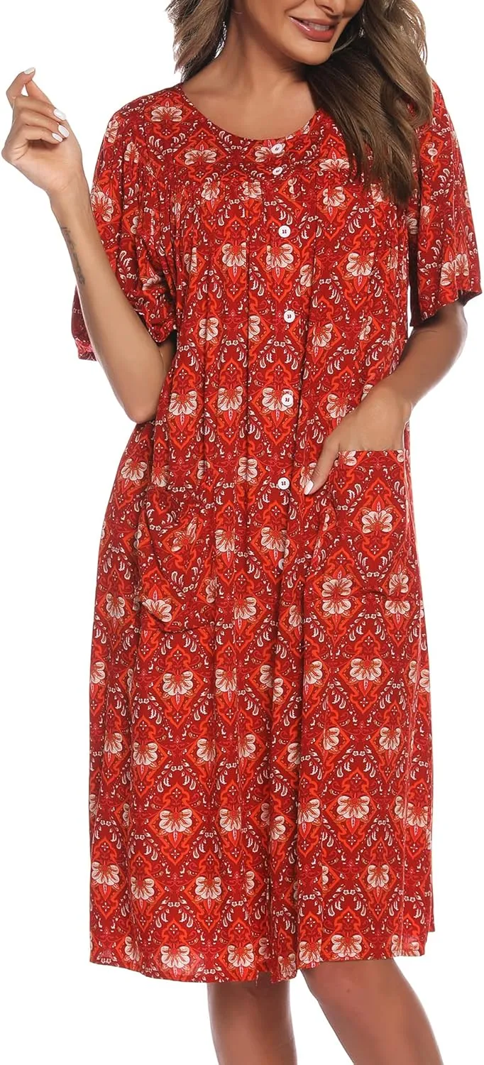 COSUNIONY House Dresses for Women Cotton Short Sleeve House Coat Buttons Down Dusters Robe with Pockets S-XXL