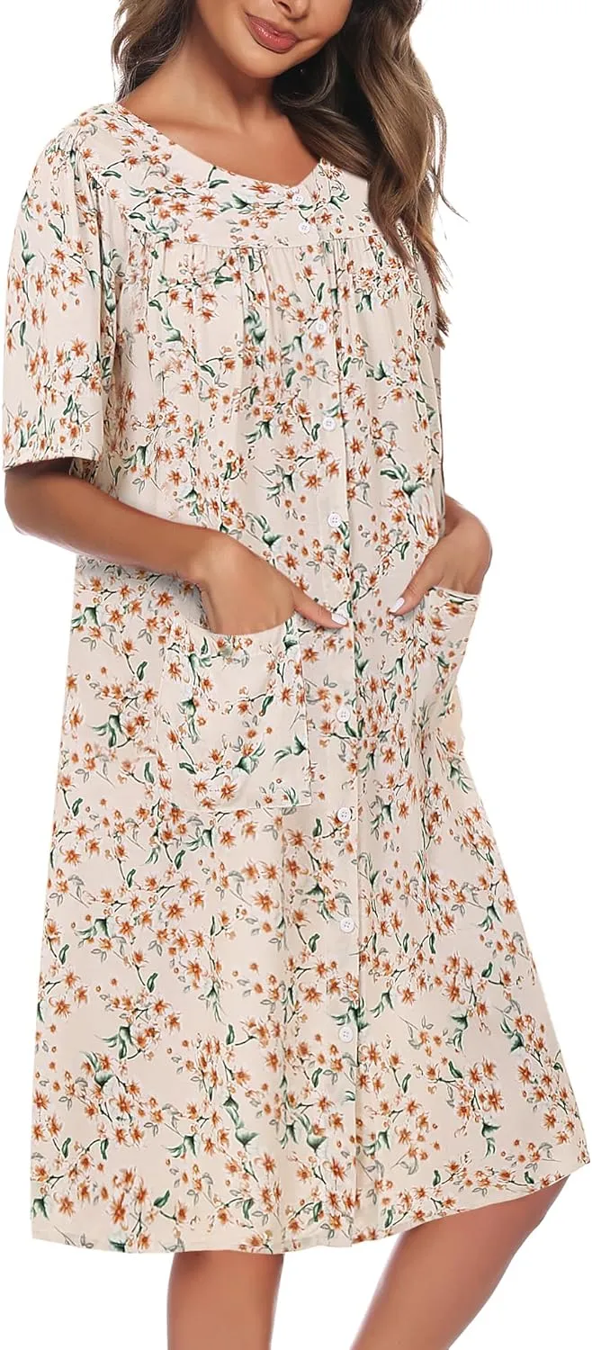 COSUNIONY House Dresses for Women Cotton Short Sleeve House Coat Buttons Down Dusters Robe with Pockets S-XXL