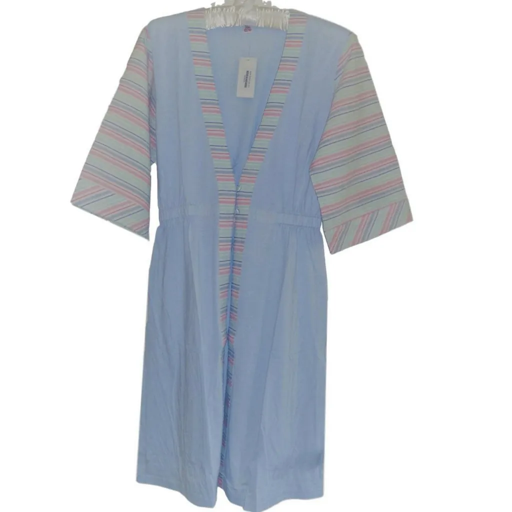 Cotton Blend Jersey with Cotton Stripe Contrast Housecoat - Blue or Pink