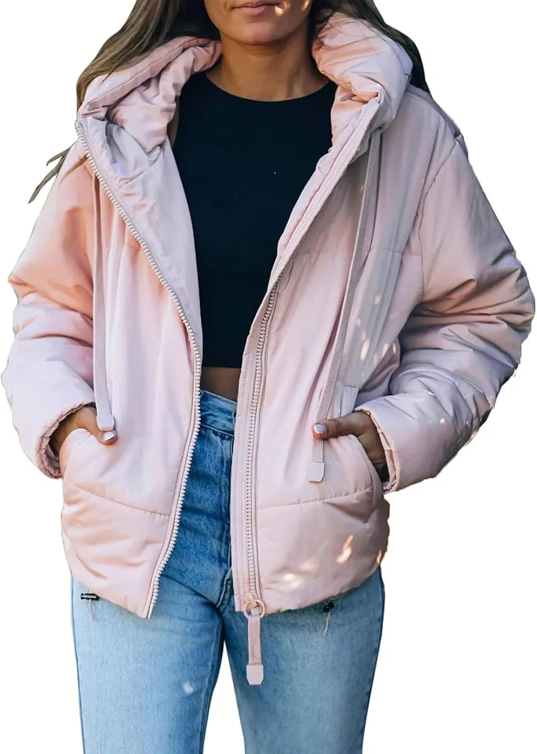 Dokotoo Womens 2024 Winter Full Zipper Hooded Puffer Jacket Short Coat with Pockets