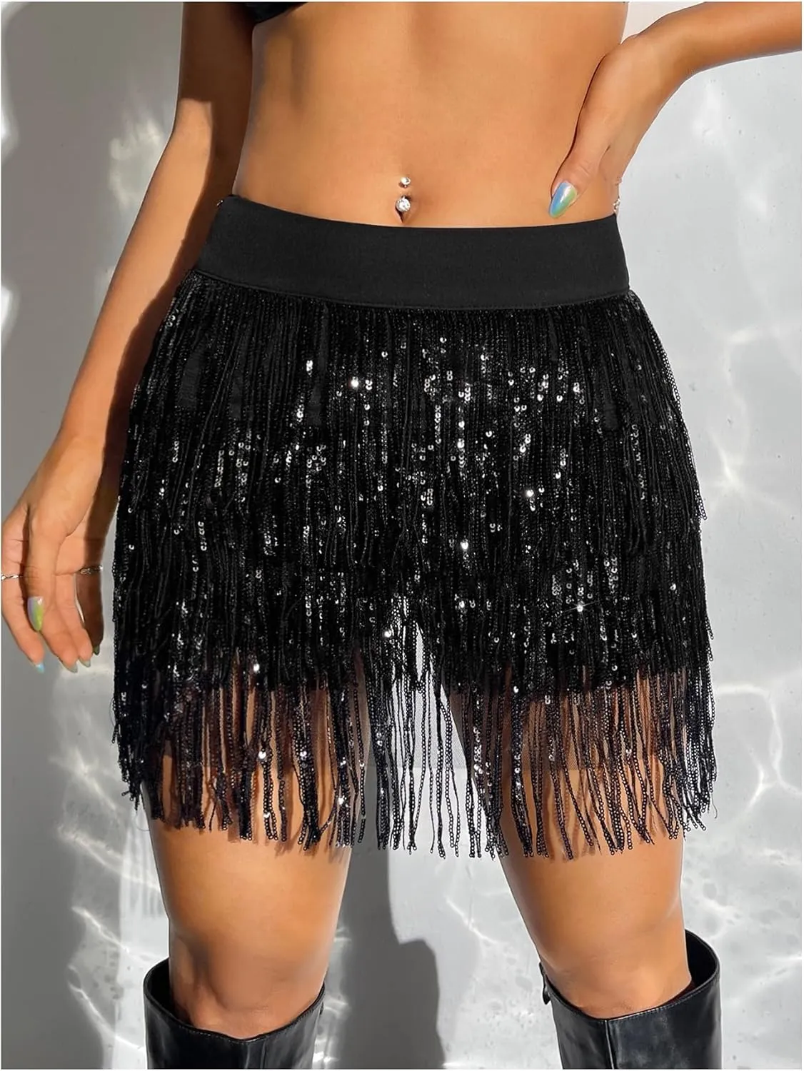 Floerns Women's Sparkly Sequin Fringe Skirt Belly Dance Disco Tassel Rave Mini Skirt