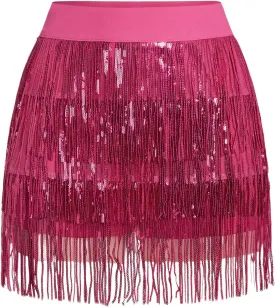 Floerns Women's Sparkly Sequin Fringe Skirt Belly Dance Disco Tassel Rave Mini Skirt