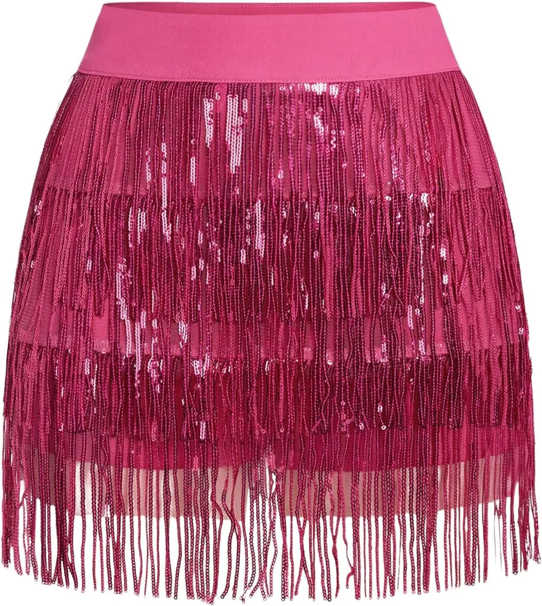 Floerns Women's Sparkly Sequin Fringe Skirt Belly Dance Disco Tassel Rave Mini Skirt
