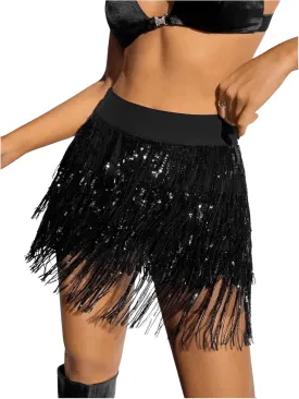 Floerns Women's Sparkly Sequin Fringe Skirt Belly Dance Disco Tassel Rave Mini Skirt