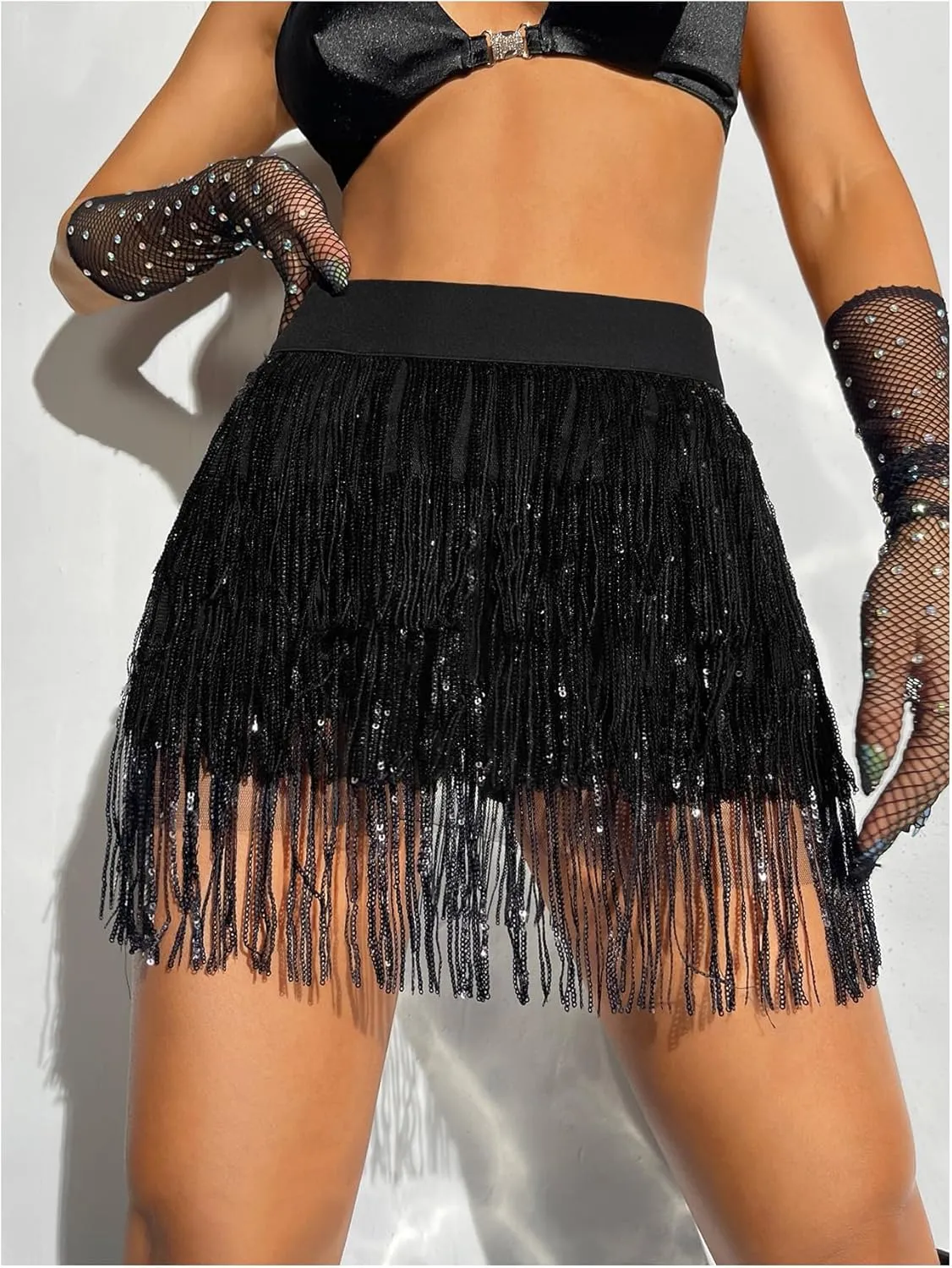 Floerns Women's Sparkly Sequin Fringe Skirt Belly Dance Disco Tassel Rave Mini Skirt