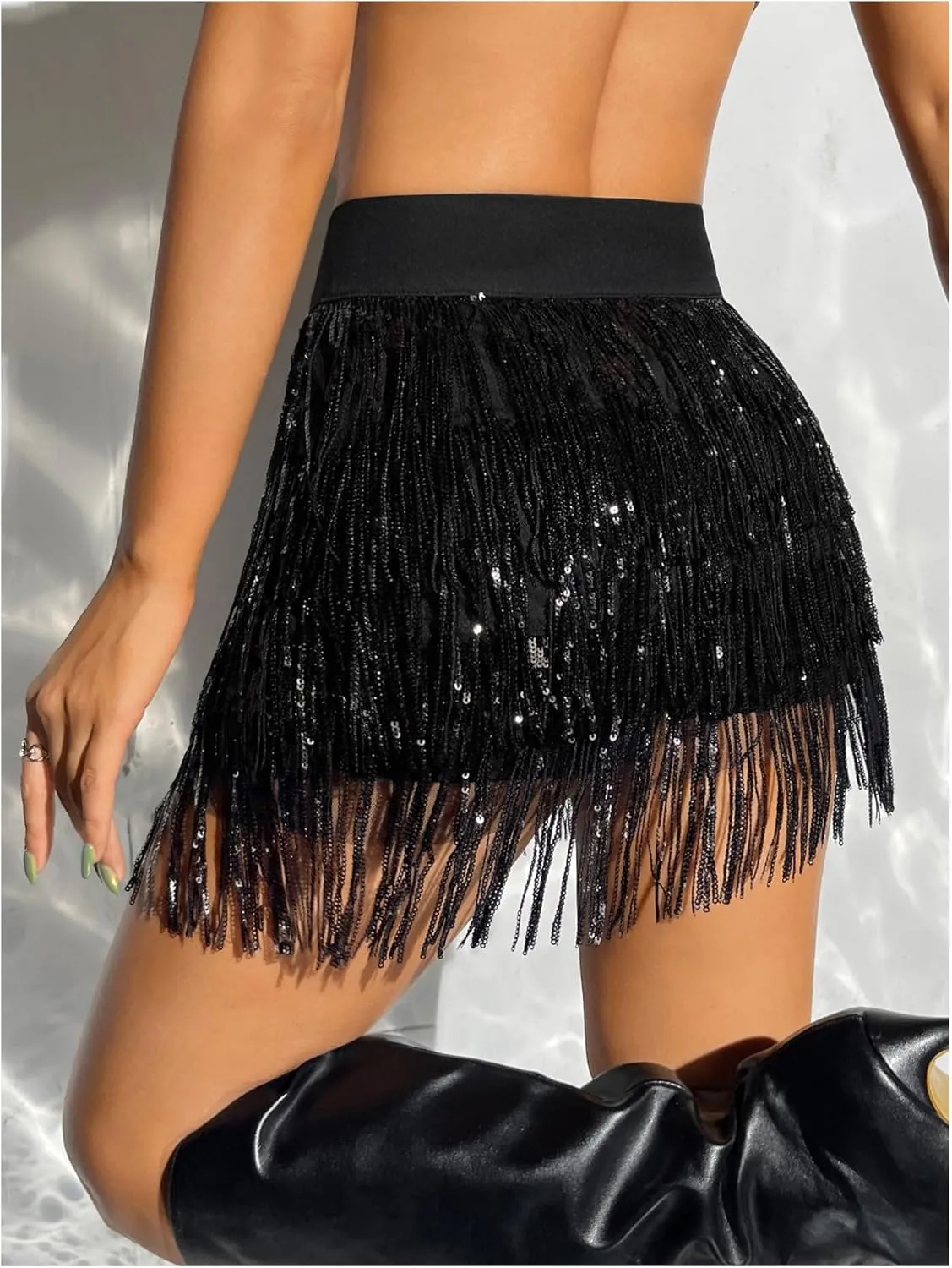 Floerns Women's Sparkly Sequin Fringe Skirt Belly Dance Disco Tassel Rave Mini Skirt