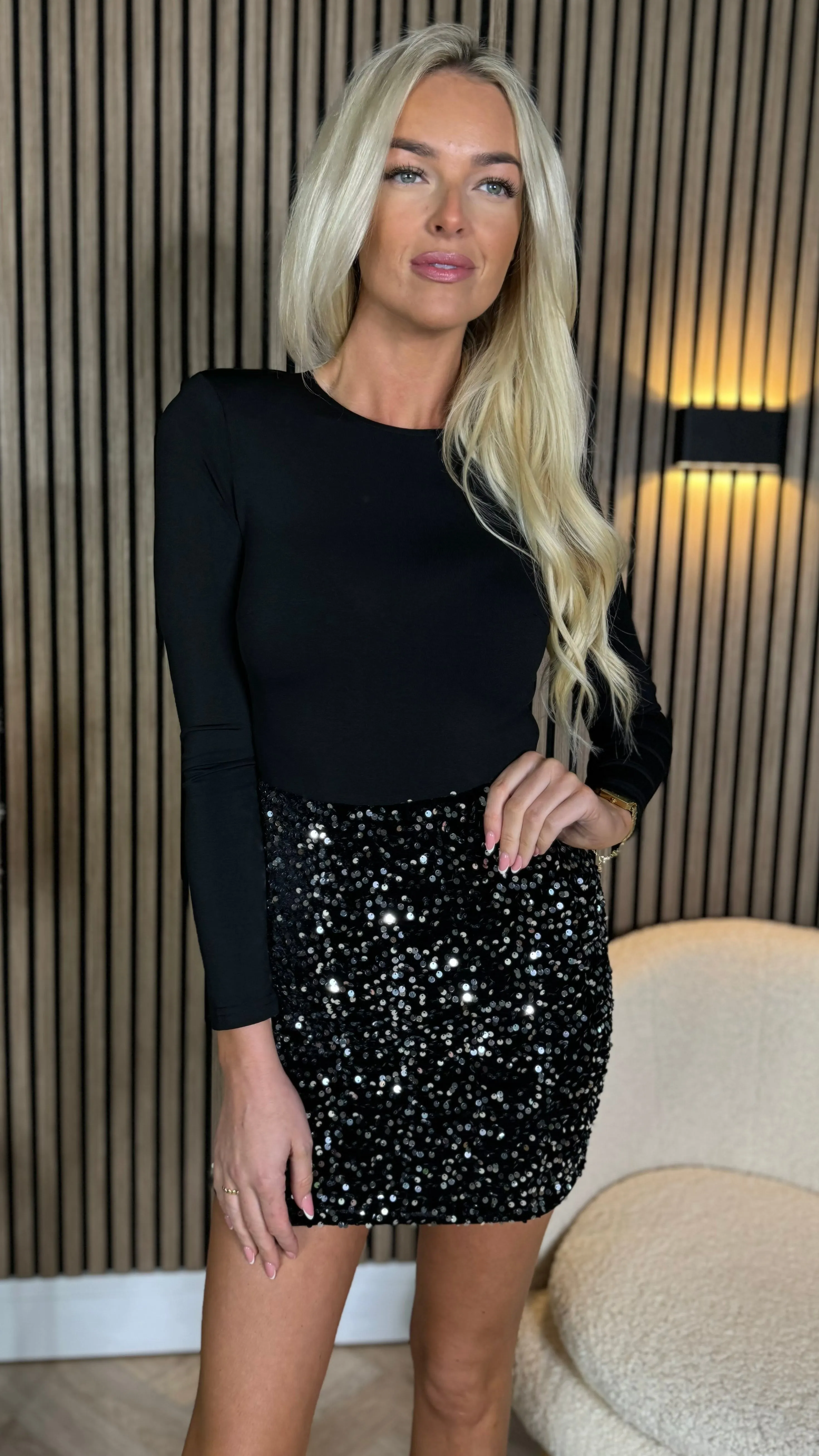 Francesca Black Sequin 2 in 1 Long Sleeve Mini Dress