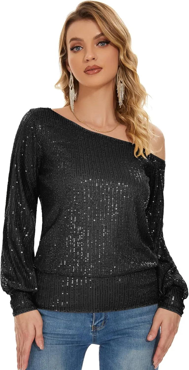 Genhoo Long Sleeve Sequin Tops for Women Off The Shoulder Glitter Sparkly Tops Dressy Party Shirts for Holiday Evening Party