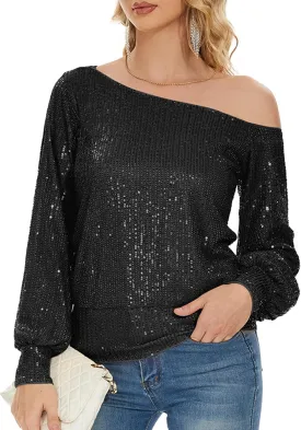 Genhoo Long Sleeve Sequin Tops for Women Off The Shoulder Glitter Sparkly Tops Dressy Party Shirts for Holiday Evening Party