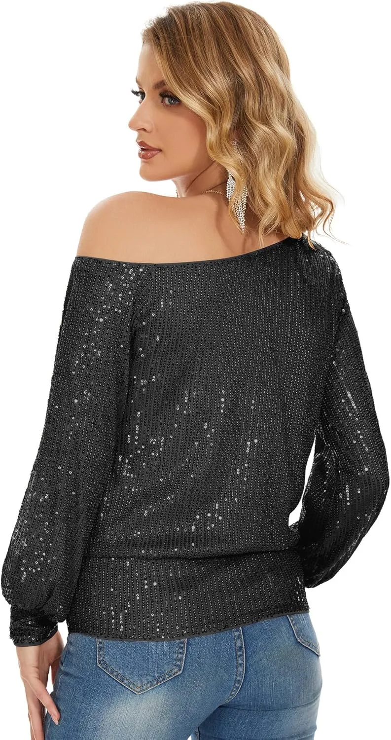 Genhoo Long Sleeve Sequin Tops for Women Off The Shoulder Glitter Sparkly Tops Dressy Party Shirts for Holiday Evening Party