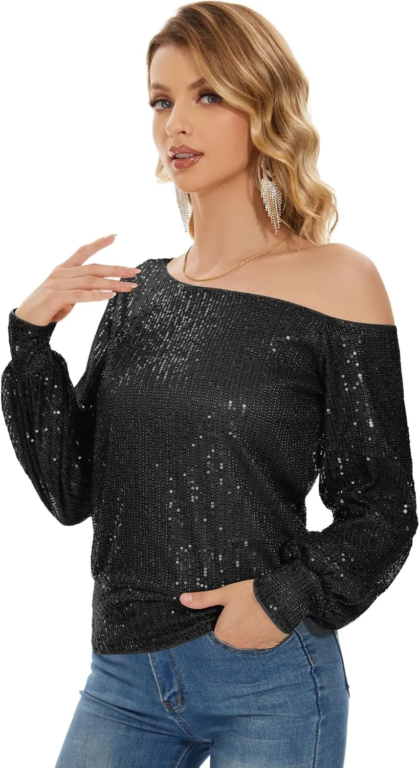 Genhoo Long Sleeve Sequin Tops for Women Off The Shoulder Glitter Sparkly Tops Dressy Party Shirts for Holiday Evening Party