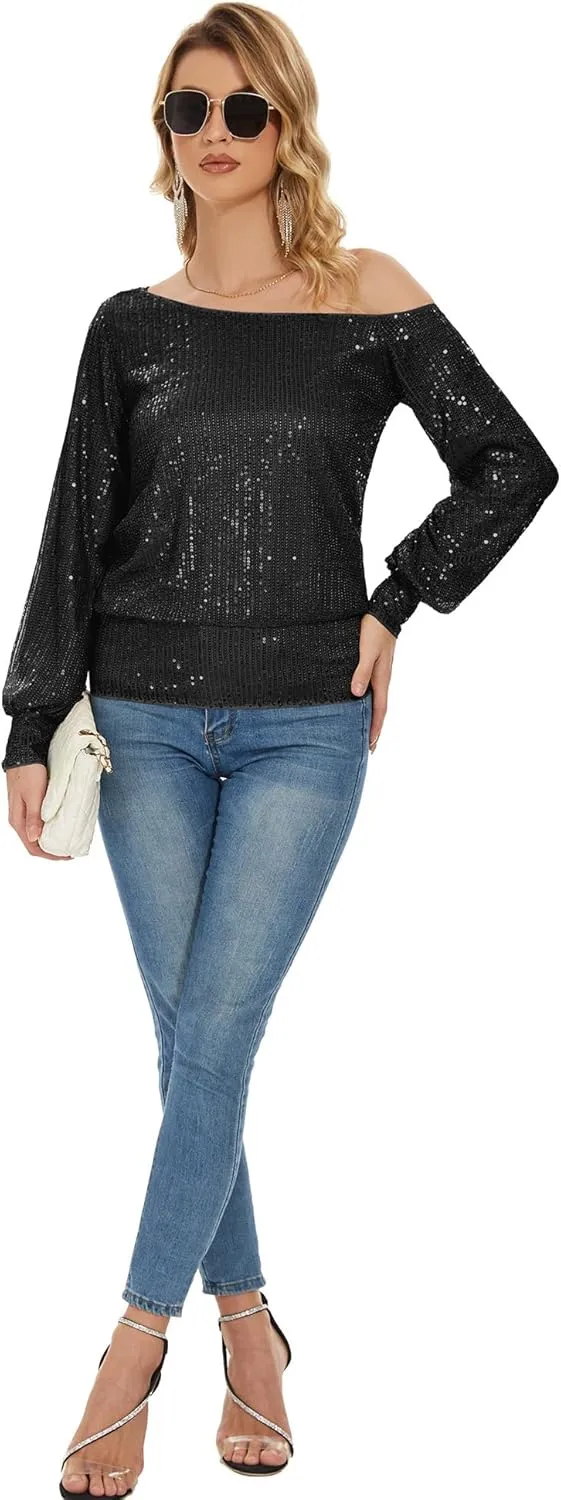Genhoo Long Sleeve Sequin Tops for Women Off The Shoulder Glitter Sparkly Tops Dressy Party Shirts for Holiday Evening Party