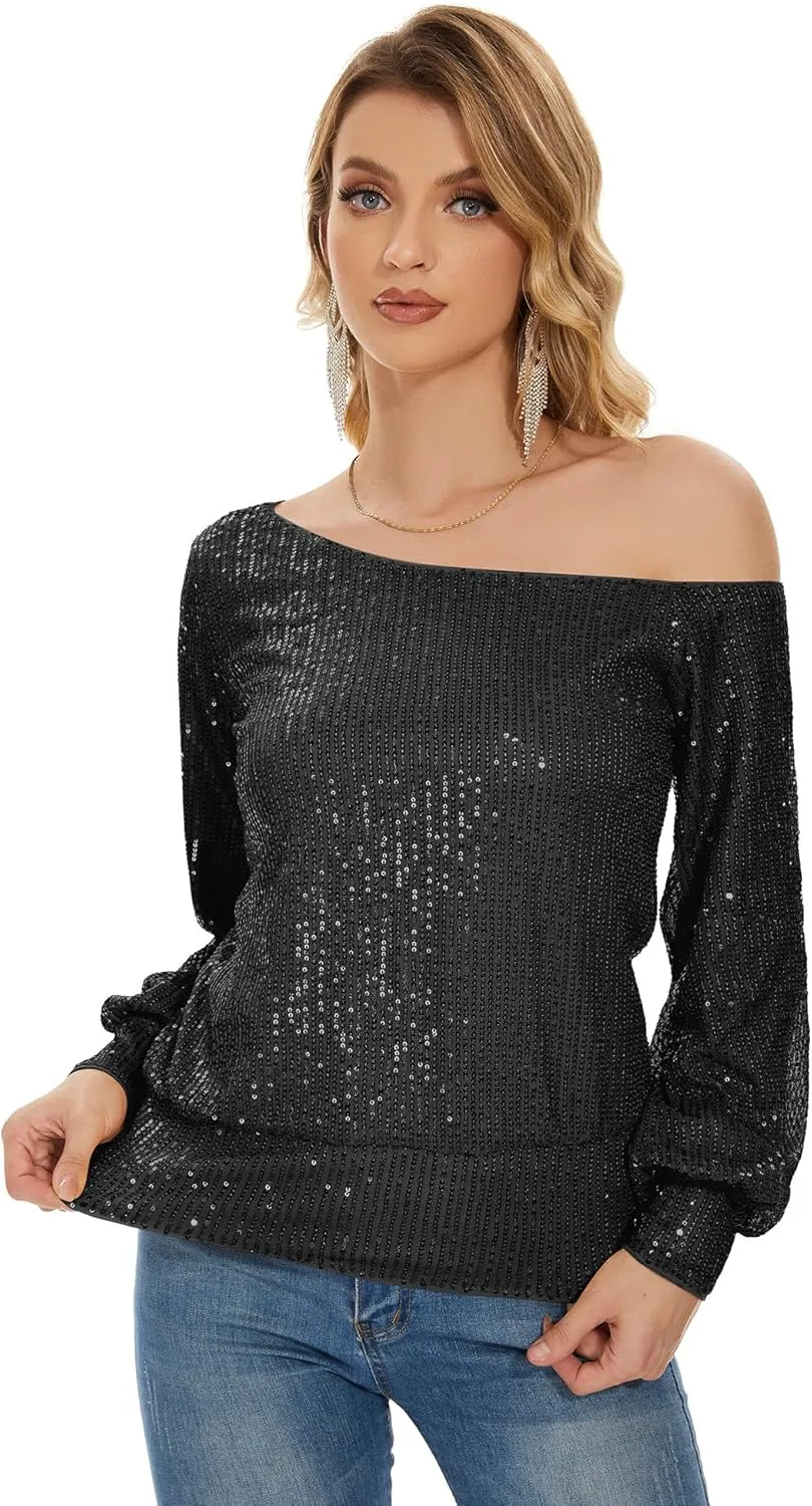 Genhoo Long Sleeve Sequin Tops for Women Off The Shoulder Glitter Sparkly Tops Dressy Party Shirts for Holiday Evening Party
