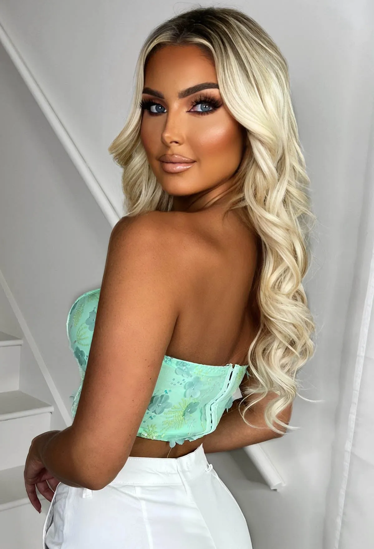 Glam Diva Mint Green Flower Sequin Crop Top