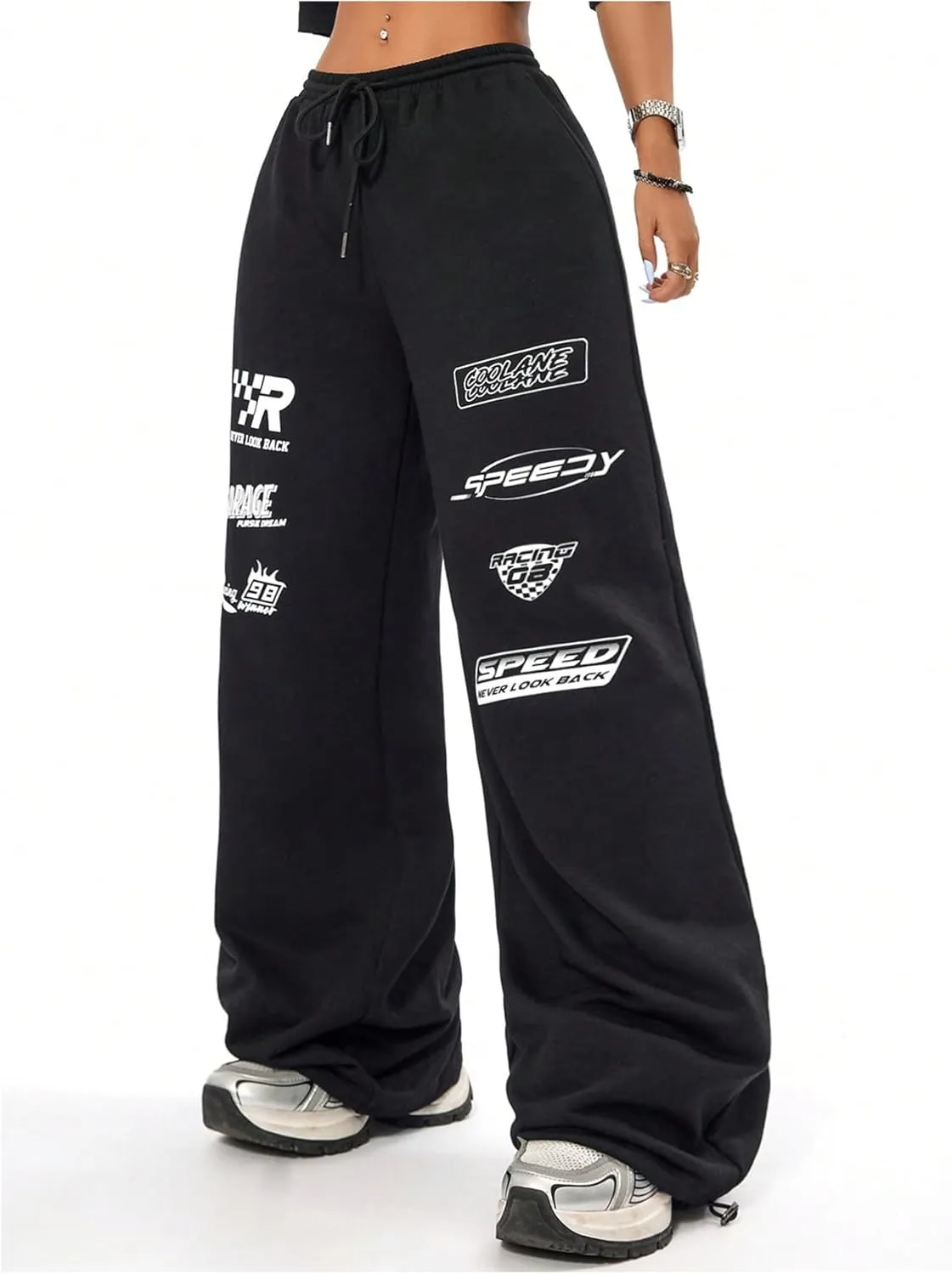 GORGLITTER Women's Graphic Y2K Baggy Stacked Sweatpants Letter Wide Leg Sweat Pants Drawstring Straight Pant