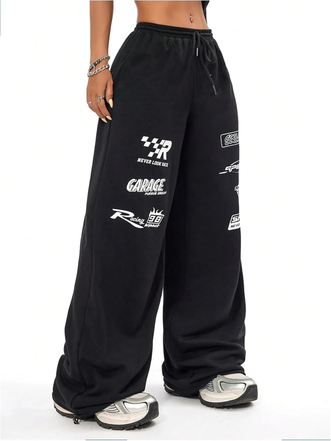 GORGLITTER Women's Graphic Y2K Baggy Stacked Sweatpants Letter Wide Leg Sweat Pants Drawstring Straight Pant