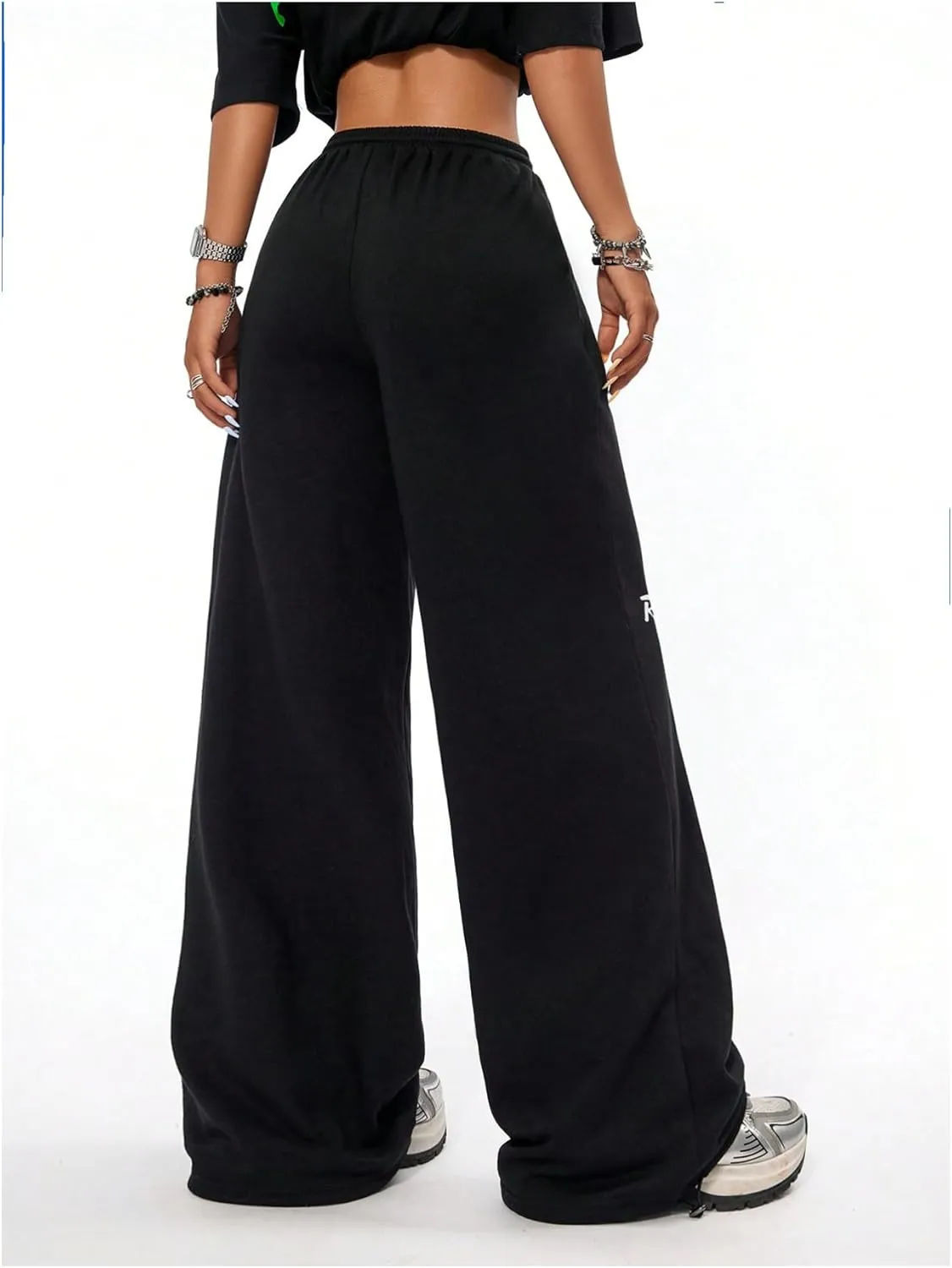 GORGLITTER Women's Graphic Y2K Baggy Stacked Sweatpants Letter Wide Leg Sweat Pants Drawstring Straight Pant