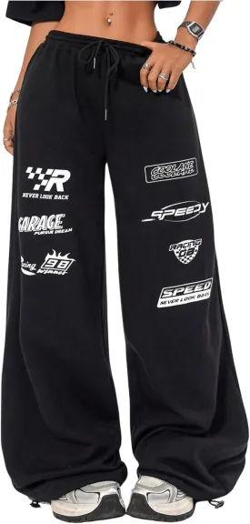 GORGLITTER Women's Graphic Y2K Baggy Stacked Sweatpants Letter Wide Leg Sweat Pants Drawstring Straight Pant