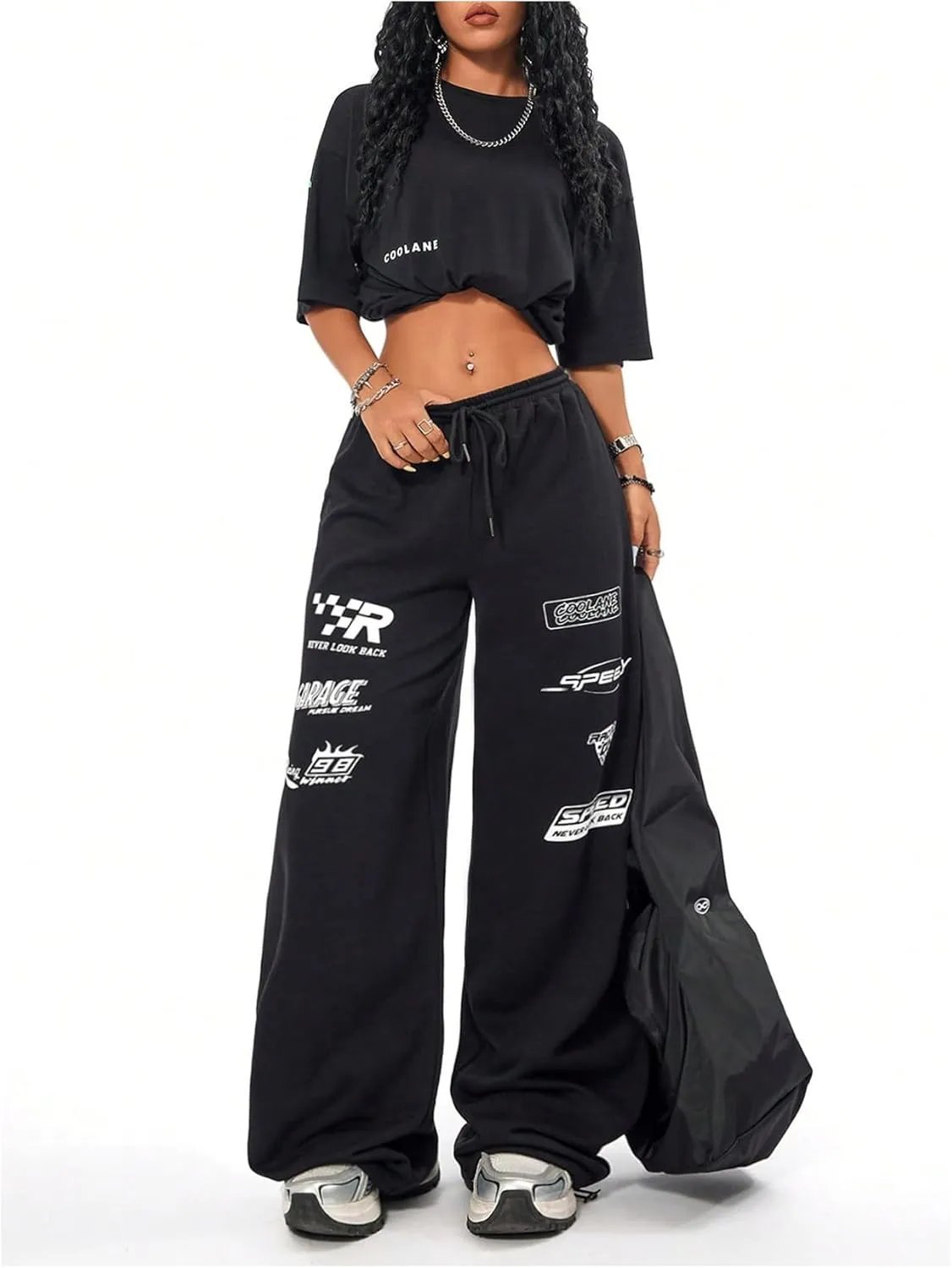 GORGLITTER Women's Graphic Y2K Baggy Stacked Sweatpants Letter Wide Leg Sweat Pants Drawstring Straight Pant