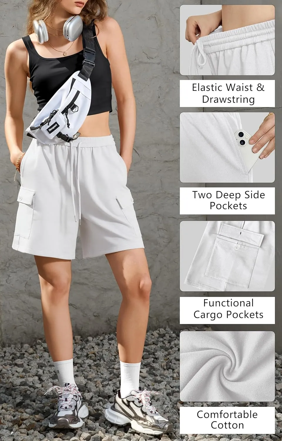 IVIR Women's Bermuda Shorts Sweat Shorts Knee Length Comfy Cotton Long Shorts with 4 Pockets for Summer Casual Hiking
