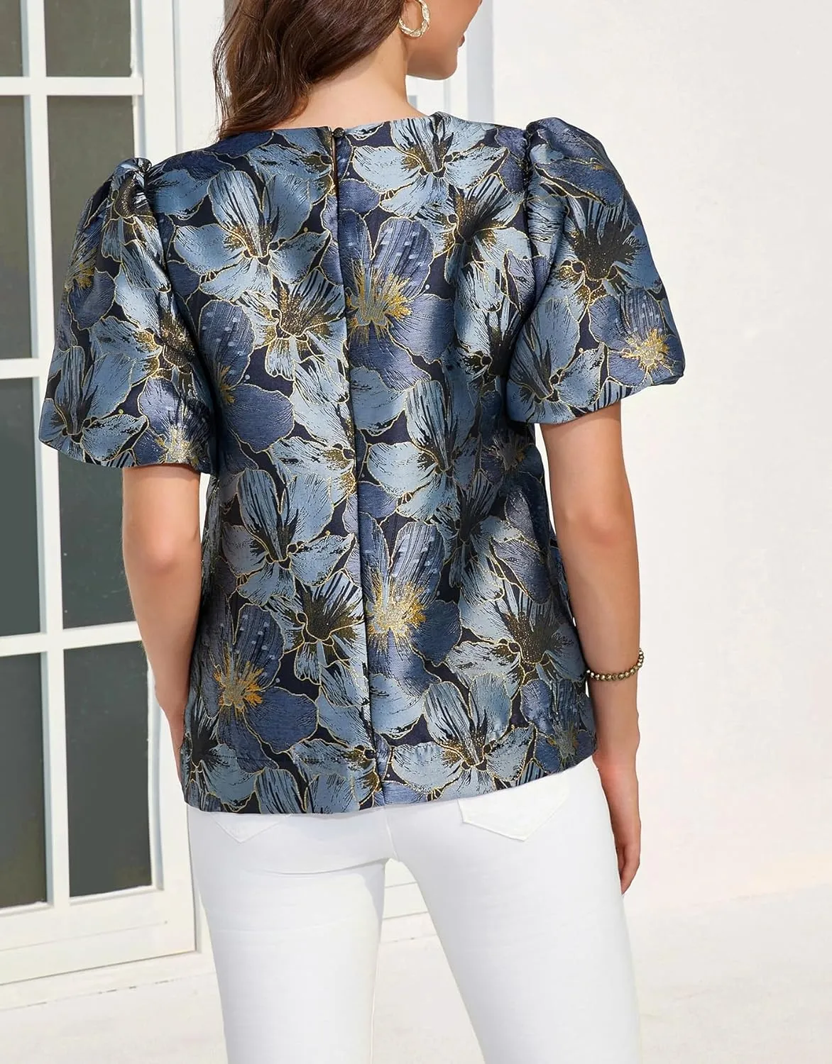 Kedera Women's Floral Jacquard Shirt Crewneck Puff Sleeve Blouse Elegant Work Shift Tops