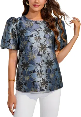 Kedera Women's Floral Jacquard Shirt Crewneck Puff Sleeve Blouse Elegant Work Shift Tops